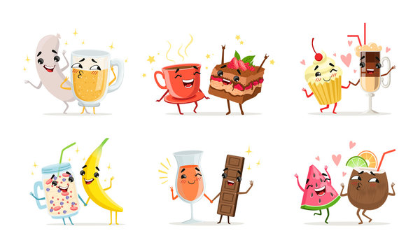 Forever Friends Collection, Cute Funny Food and Drink Cartoon Characters, Smiling Best Friends Vector Illustration