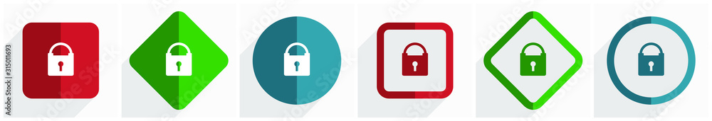Aufkleber Padlock icon set, flat design vector illustration in 6 options for webdesign and mobile applications in eps 10