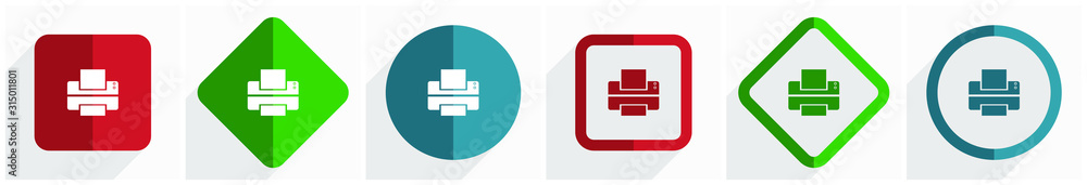Poster printer icon set, flat design vector illustration in 6 options for webdesign and mobile applications