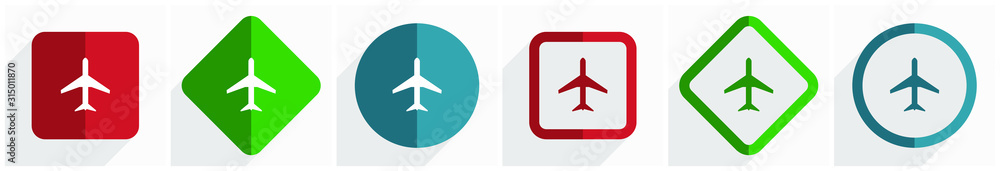 Fototapete Plane icon set, flat design vector illustration in 6 options for webdesign and mobile applications in eps 10