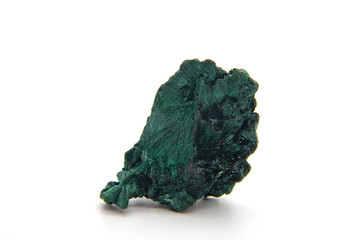 Malachite, green mineral stone isolated on a white background.