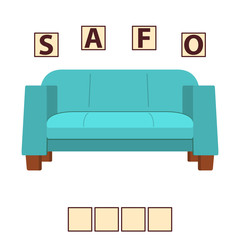 Game words puzzle furniture sofa . Education developing child.Riddle for preschool.Flat illustration cartoon character vector.