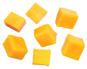 Set of mango cubes isolated on a white background.