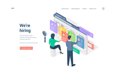 Human resources specialists browsing resumes isometric vector illustration.