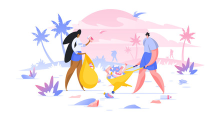 Volunteers collecting trash on beach flat vector illustration