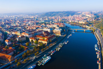 Fototapeta na wymiar Aerial view of the Vltava river and the capital Prague