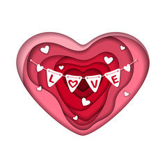 Pink paper art vector heart shape isolated on white background.
