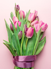 Bouquet pink tulips on lightpink background.