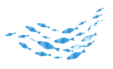 Silhouettes of groups of  fishes on white. Watercolor