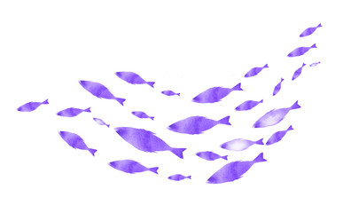 Silhouettes of groups of  fishes on white. Watercolor