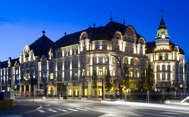 Fototapeta na wymiar Illuminated hotel in Oradea, Romania