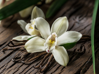 Dried vanilla sticks and vanilla orchid on wooden table.