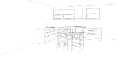 sketch of modern kitchen and dining room interior, 3d rendering illustration 