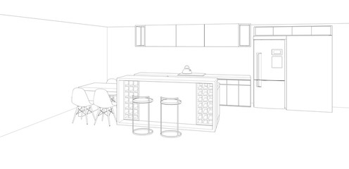interior design sketch, modern kitchen, 3d rendering