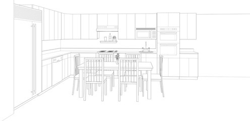 modern kitchen and dining room interior design sketch, 3d render