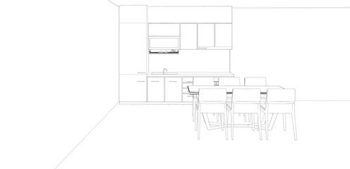 modern kitchen and dining room interior sketch, 3d rendering