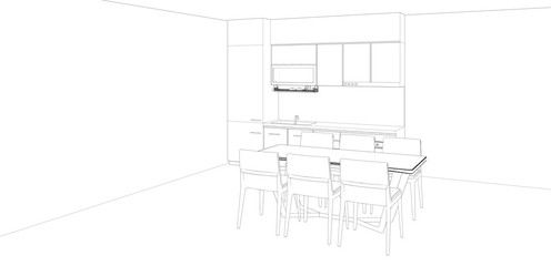 modern kitchen and dining room interior sketch, 3d rendering background