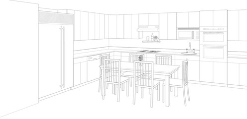 modern kitchen and dining room interior sketch, 3d render background