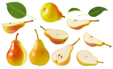Fototapeta na wymiar Pear fruit isolated. Set of red yellow ripe juicy whole pears with green leaf and cut into slices isolated on white background