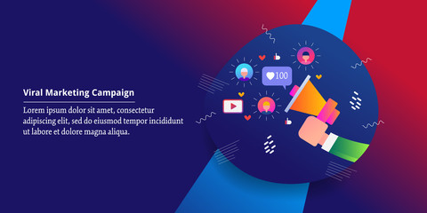 Viral marketing, content gone viral on social media, audience engagement, hand with megaphone, digital promotion concept. Web banner template, presentation.