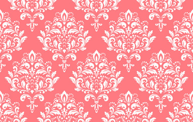 Wallpaper in the style of Baroque. Seamless vector background. White and pink floral ornament. Graphic pattern for fabric, wallpaper, packaging. Ornate Damask flower ornament