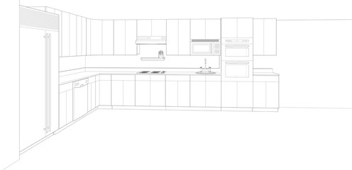 modern kitchen interior sketch, 3d render background