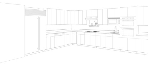 modern urban kitchen interior sketch, 3d render background