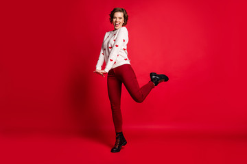 Full length body size view of her she nice attractive lovely charming cheerful cheery glad excited...
