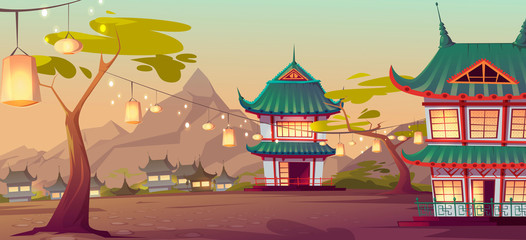 Chinese, asian village with traditional houses and festival lanterns on street. Vector cartoon landscape with chinese, japanese buildings and mountains on background