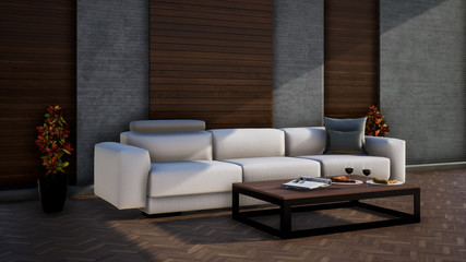 modern interior of living room with white leather sofa, 3d rendering