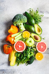 Flat lay of vegetables and fruits. Ingredients for detox smoothie background. Healthy food concept.