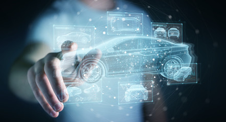Man holding and touching holographic smart car interface projection 3D rendering