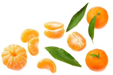 mandarin with slices and green leaves isolated on white background top view