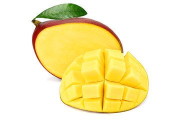 mango with slices and green leaves isolated on white background. healthy food