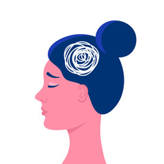 A woman's head in profile.Anxious thoughts, doubts, feelings, sadness.Psychological problem.Flat vector stock illustration