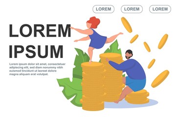 Salary landing page website template. Vector isometric business people standing on piles of dollar coins. Payroll, salary payment, differences in the amounts of wages.