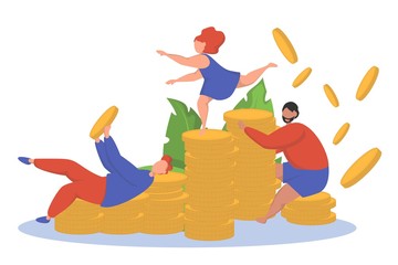 Flat vector illustration of little people on stack of coins. Men and woman, money concept on white background.
