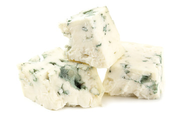 cut of blue cheese isolated on white background. macro - obrazy, fototapety, plakaty