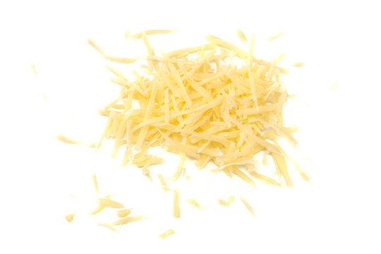 grated cheese isolated on white background. top view