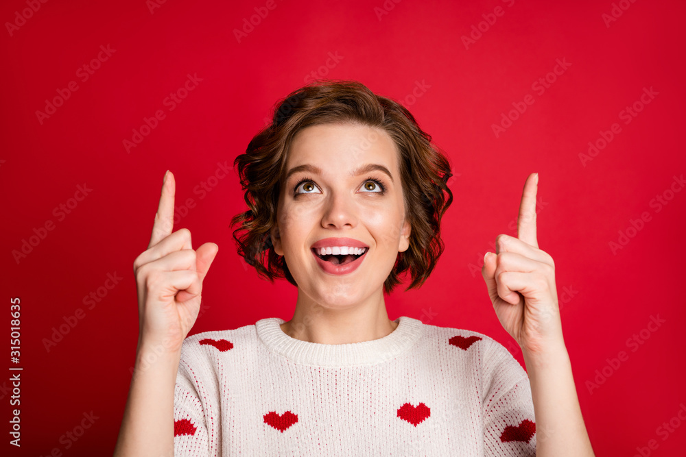 Sticker Close-up portrait of her she nice attractive lovely cute cheerful cheery glad girl pointing up surprise gift present solution isolated over bright vivid shine vibrant red color background