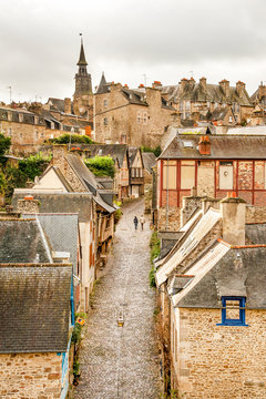 Medieval Rue du Jerzual in historic Dinan, Brittany, France