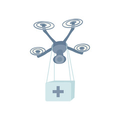 Four propeller remote controlled drone with a video camera and a first aid kit. Vector illustration  isolated on white background.
