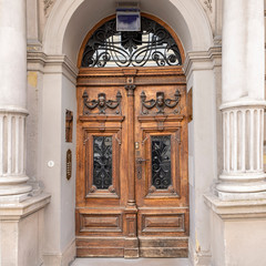 wooden door with beautiful decorative metal bars in the historical part of Vienna