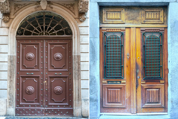 two old wooden doors trimmed with metal decorations from different cities of Europe