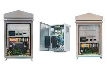 two electrical control Cabinet with an open door isolated on a white background