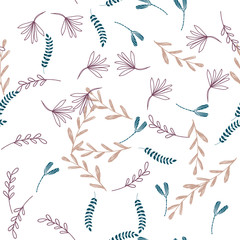 Trendy outline native foliage and leaves seamless pattern. Small and medium elements paradise flora leaves.Vector illustration.