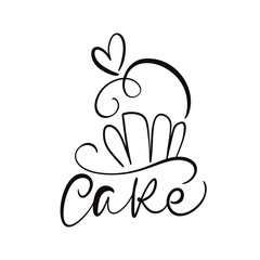 Cake vector calligraphic text with logo. Sweet cupcake with cream, vintage dessert emblem template design element. Candy bar birthday or wedding invitation