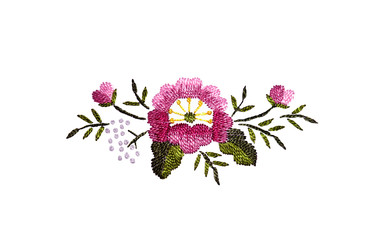 Handmade Ukrainian embroidery on fabric. Embroidered floral pattern. Beautiful flowers. Isolated.