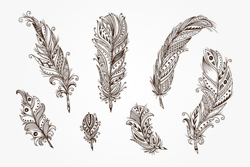 Ethnic feathers. Tribal Feathers Vintage Pattern. Hand Drawn Doodles illustration © AllNikArt