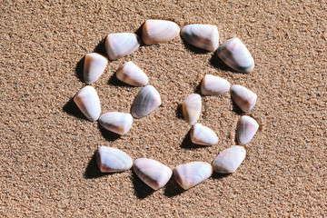 Cancer Zodiac sign made of seashells on sand background